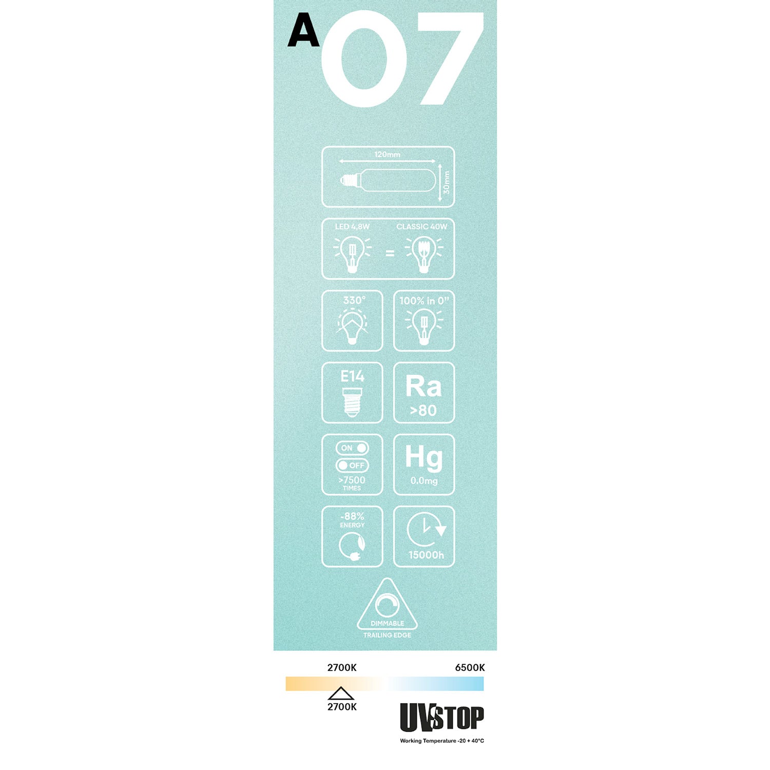 Lampadina LED Bianco Satinato Tubolare 4,8W 470Lm E14 2700K Dimmerabile - A07