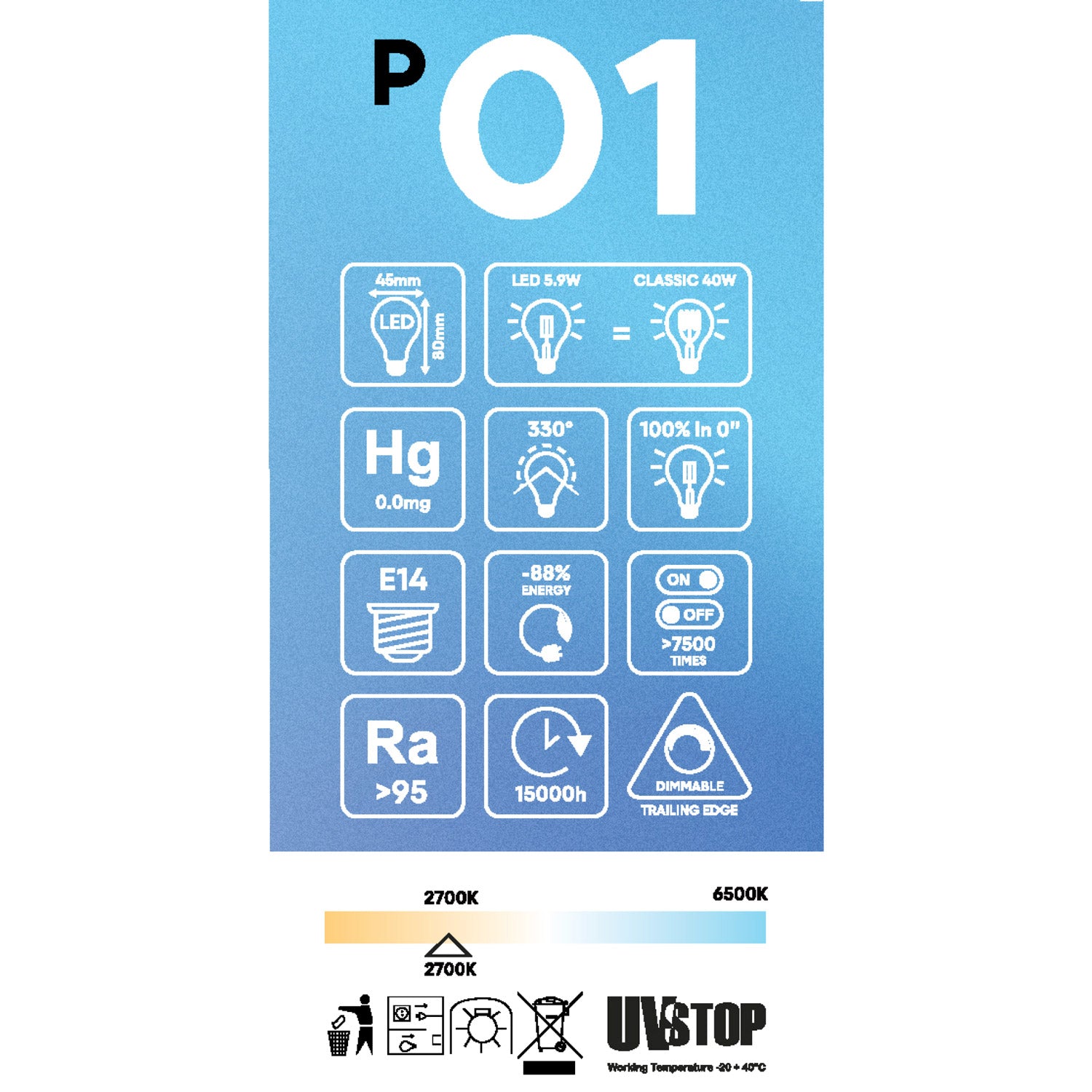 Lampadina LED Effetto Porcellana CRI 95 G45 5,9W 550Lm E14 2700K Dimmerabile - P01