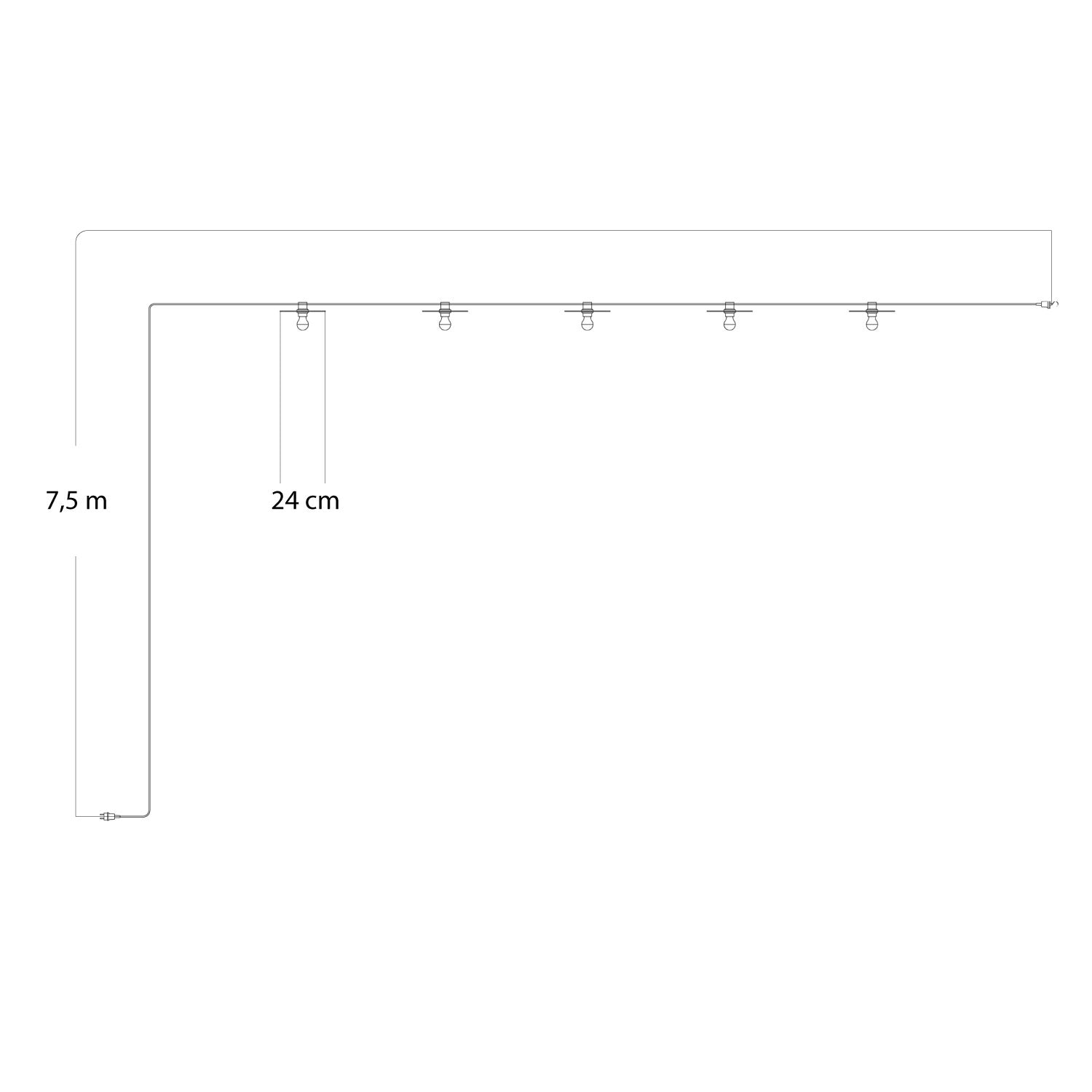 Catenaria Sistema Lumet 'Maioliche' da 7,5 m con cavo tessile, 5 portalampada e paralumi Giallo e Verde, gancio e spina nera