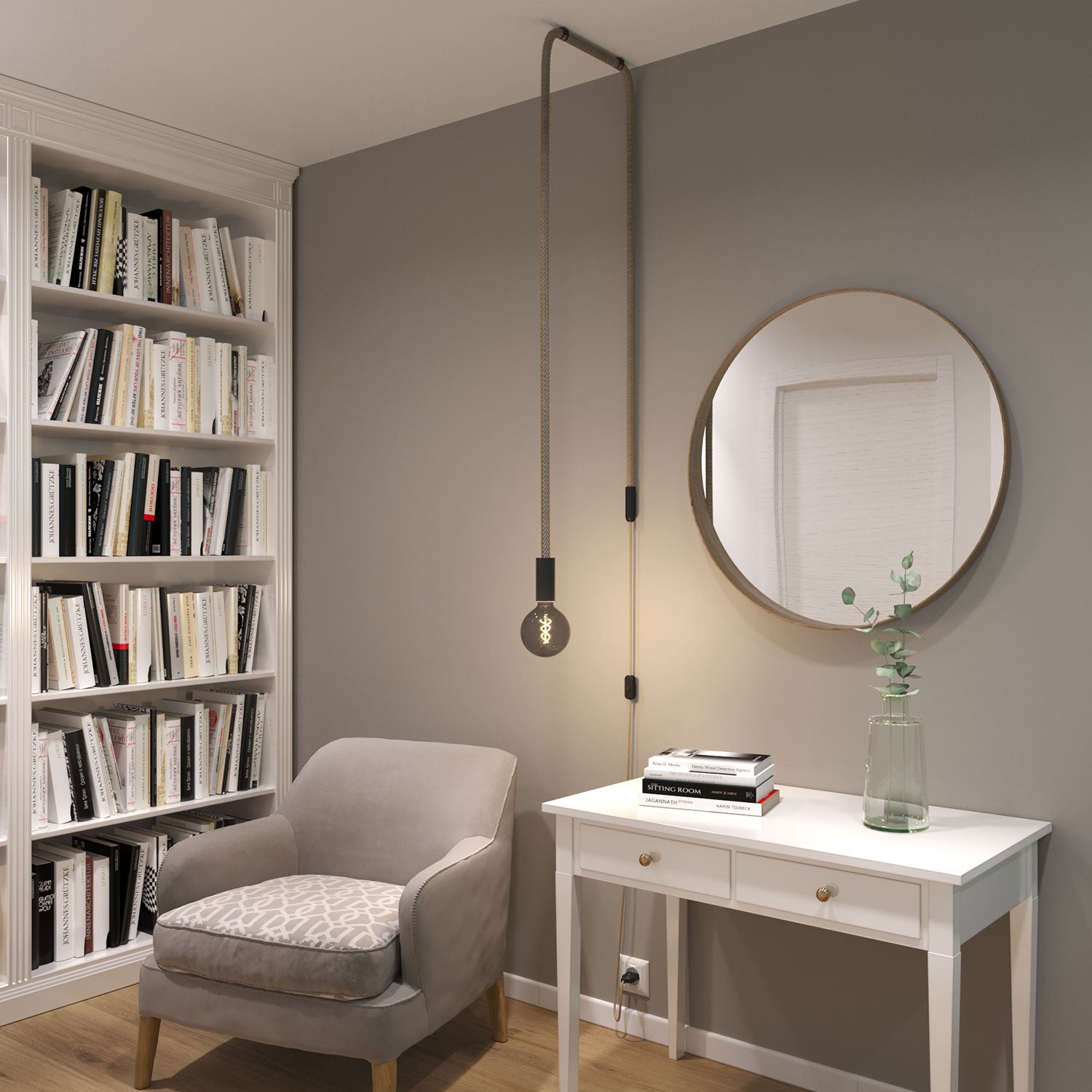 SnakeBis Corda - Lampada plug-in nera con cordone trecciato in juta e spina UK