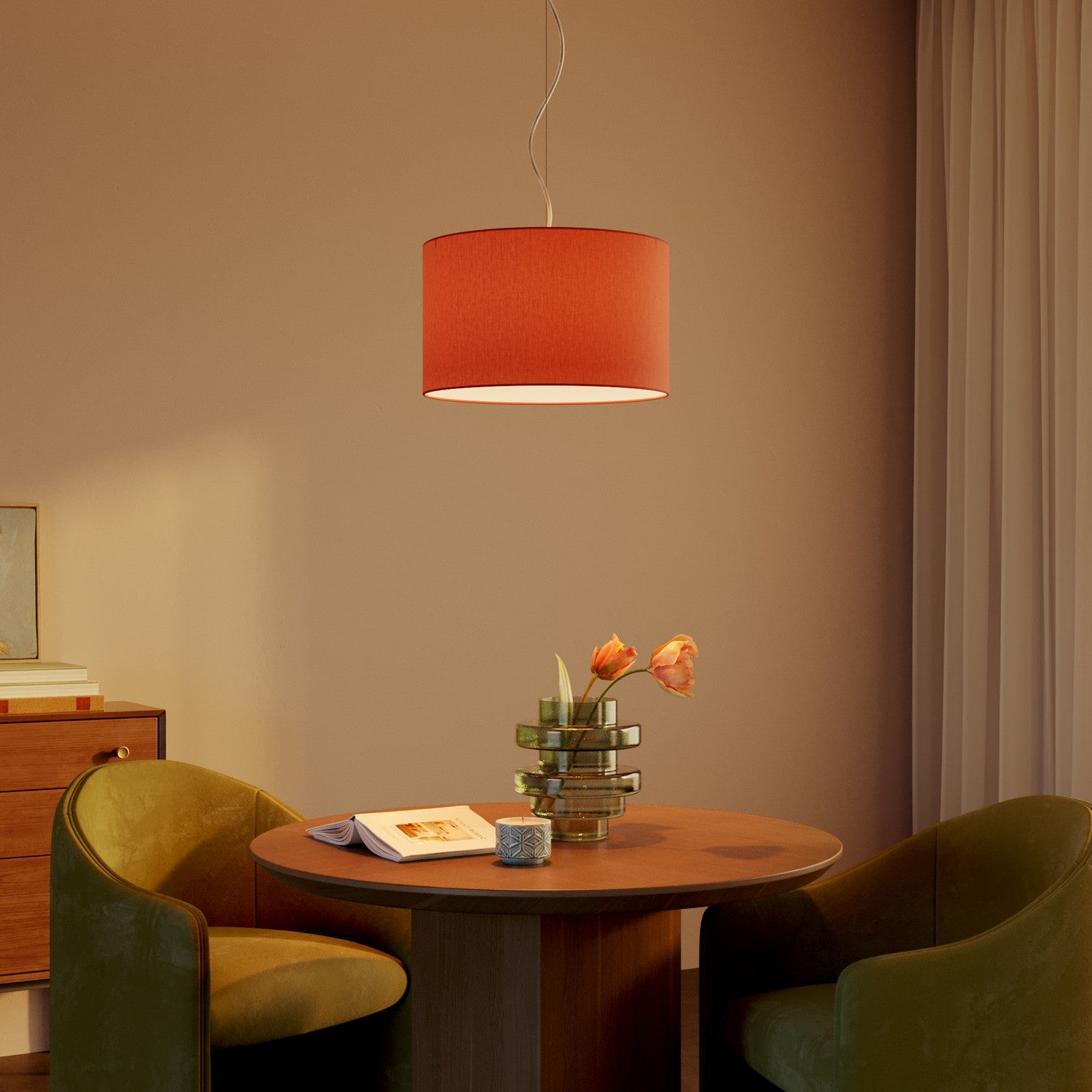 Lampada a sospensione con paralume in tessuto Cilindro Small Cinette aragosta - Made in Italy No