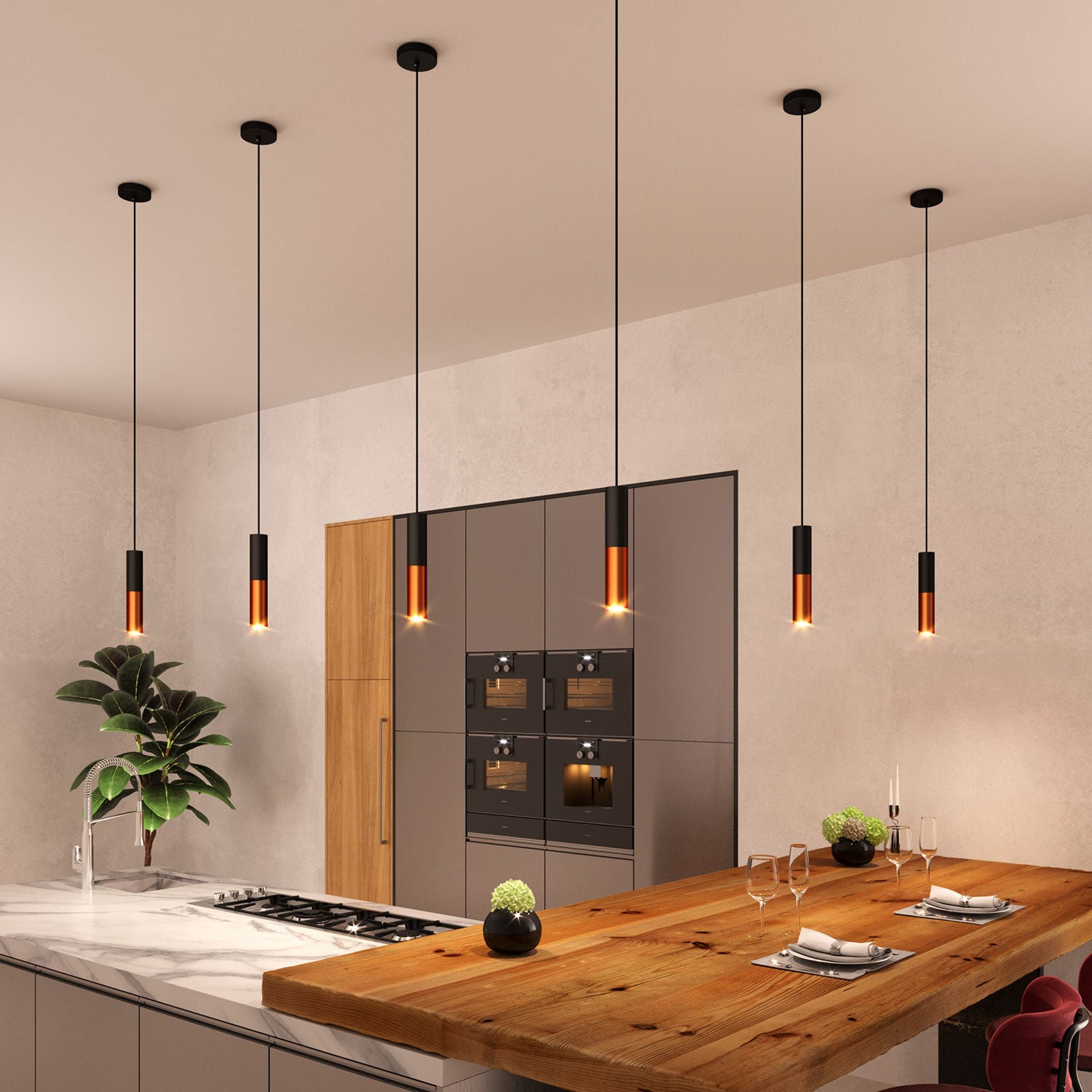 Lampada a sospensione completa di cavo tessile e doppio paralume Tub-E14 - Nero e Rame satinato