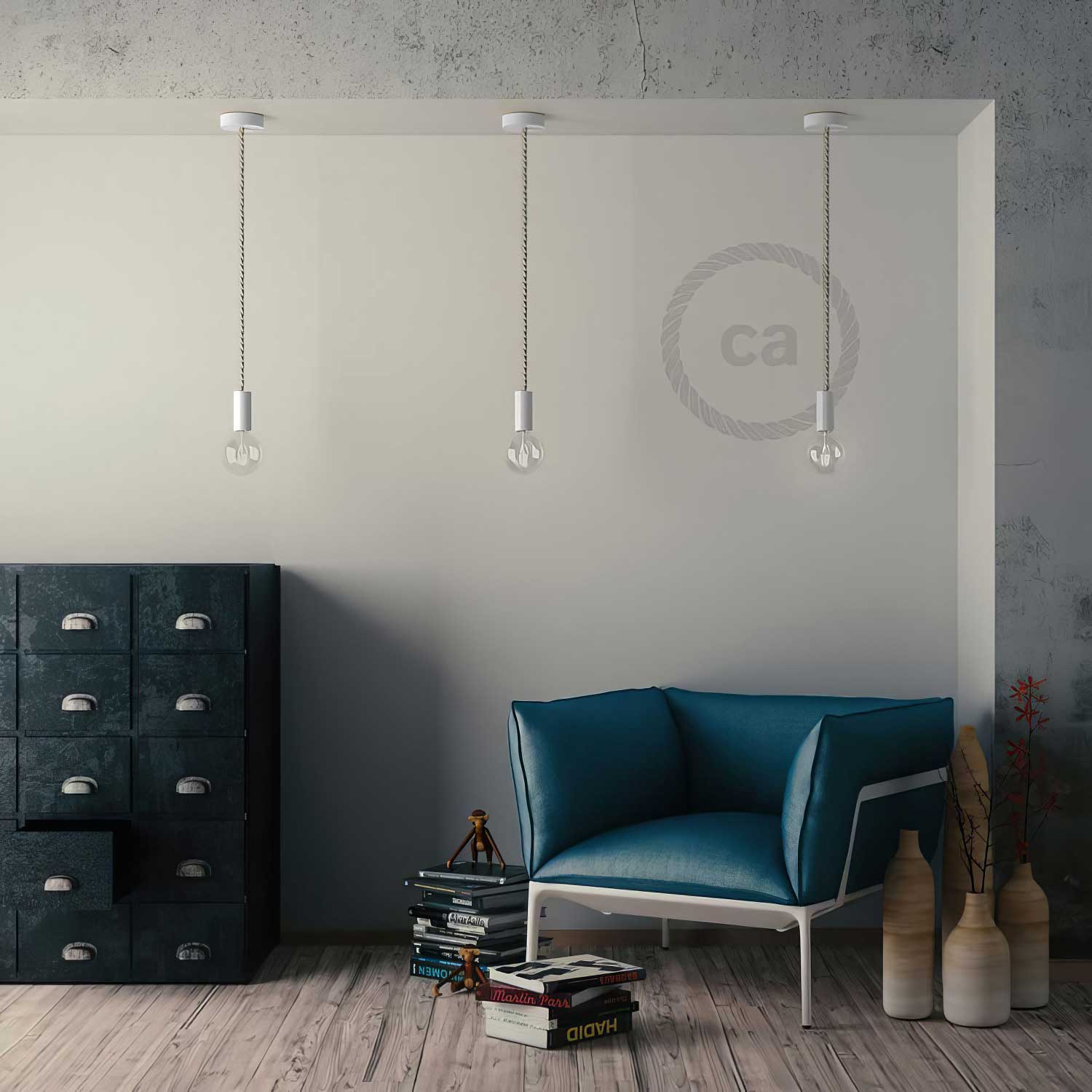 Lampada a sospensione completa di cordone nautico XL 16 mm con finiture in legno verniciato - Bianco