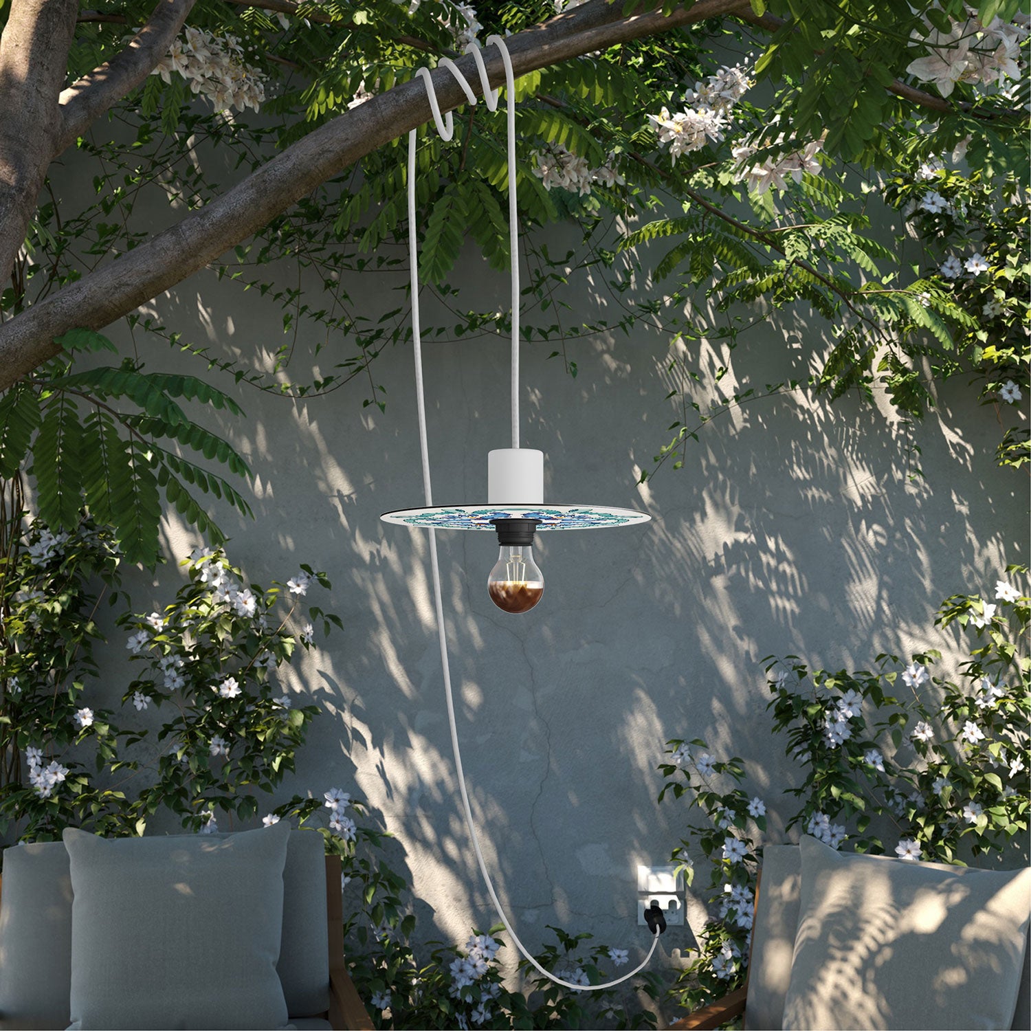 Snake Eiva con paralume mini Piatto Ellepì 'Maioliche' Blu, lampada portatile IP65 per esterni con spina UK