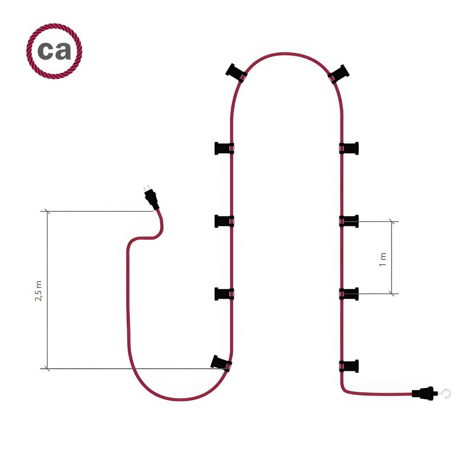 Catenaria Sistema Lumet da 12,5 m con cavo tessile CM17, 10 portalampada, gancio e spina neri