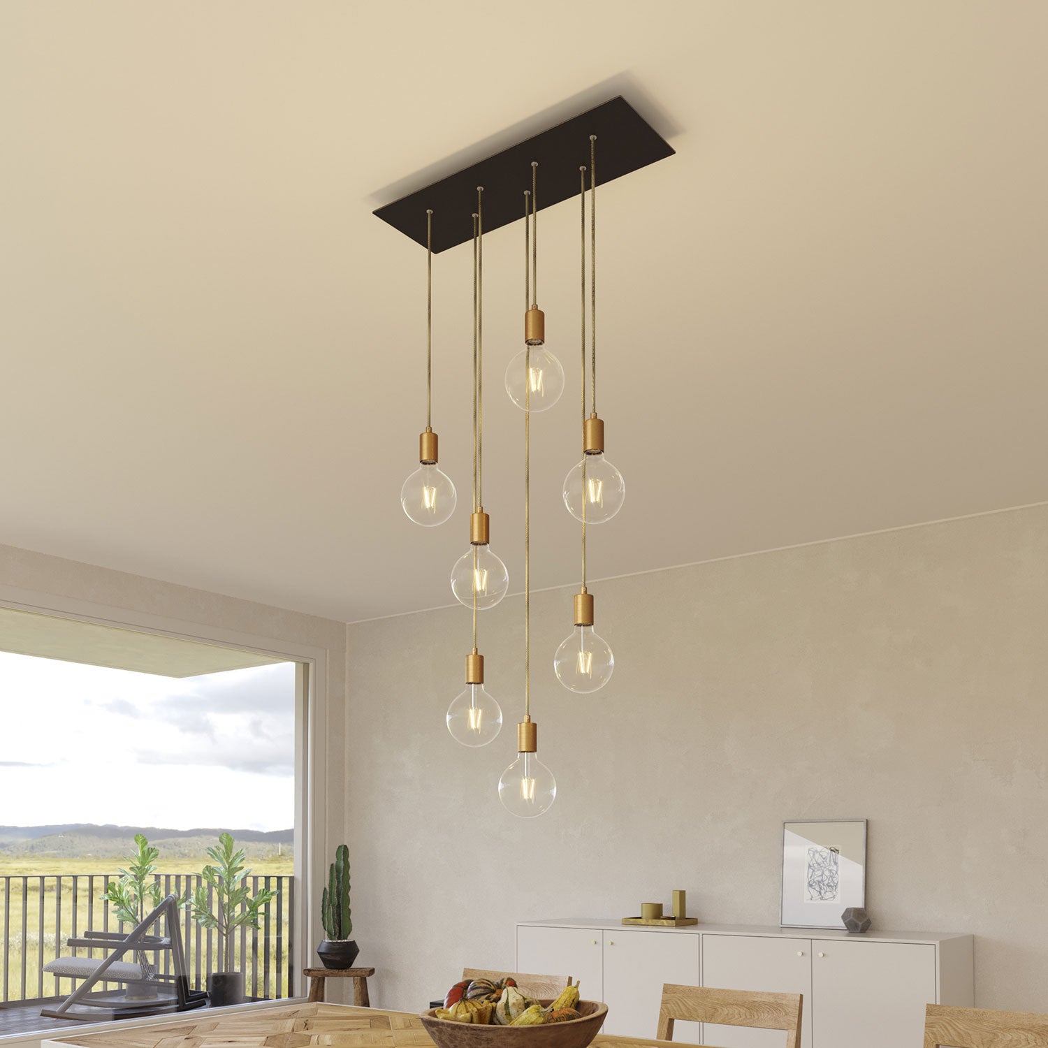 Lampada a sospensione a 7 cadute con XXL Rose-One rettangolare 675 mm con finiture in metallo - Nero opaco