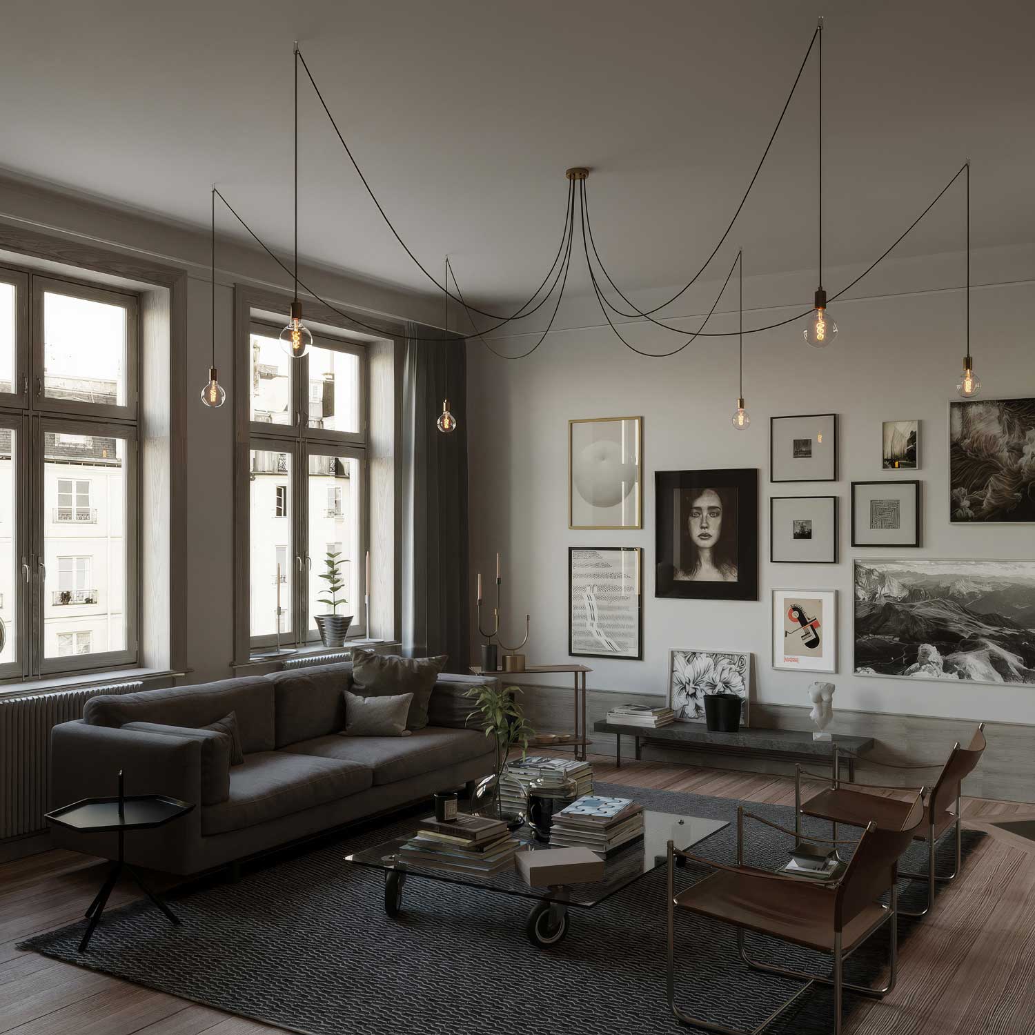 Spider - Lampada a sospensione multipla a 6 cadute con finiture in metallo - Ottone