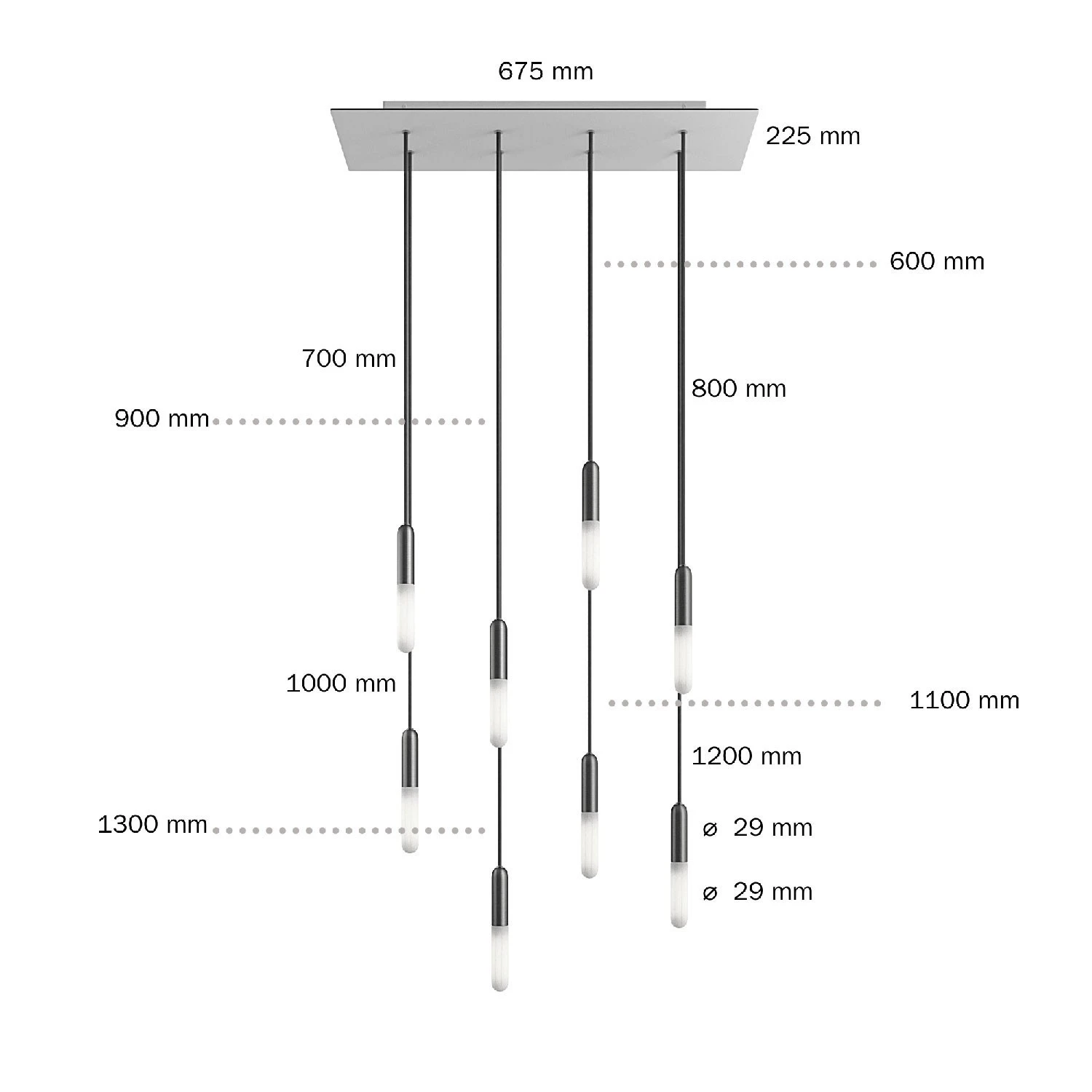 Lampada a sospensione a 8 cadute con XXL Rose-One rettangolare 675 mm completa di cavo tessile e finiture in metallo