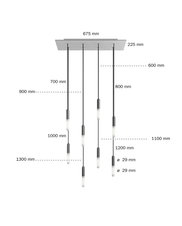 Lampada a sospensione a 8 cadute con XXL Rose-One rettangolare 675 mm completa di cavo tessile e finiture in metallo