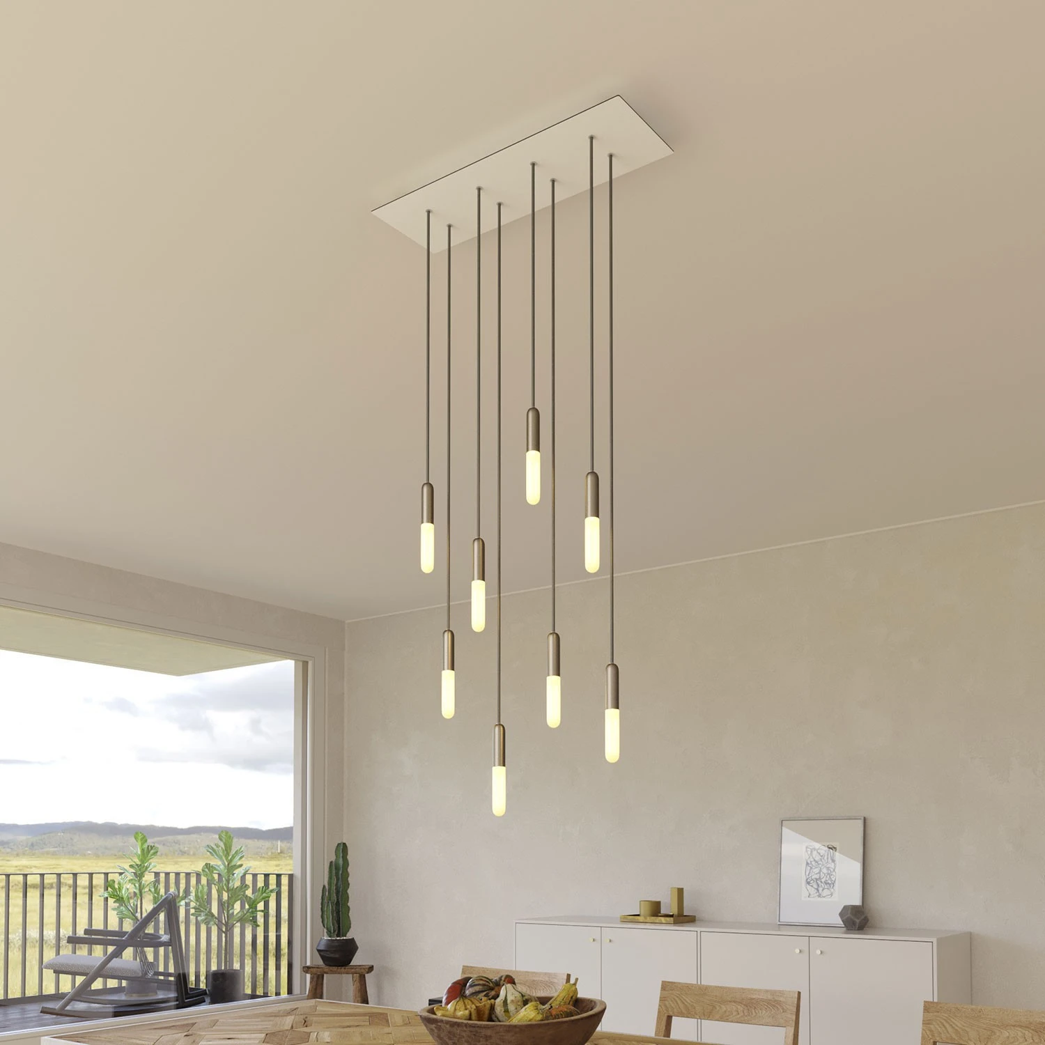 Lampada a sospensione a 8 cadute con XXL Rose-One rettangolare 675 mm completa di cavo tessile e finiture in metallo