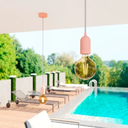 Lampada a sospensione da esterni con 1,5 m cavo tessile, rosone e portalampada in silicone IP65 waterproof - EIVA PASTEL