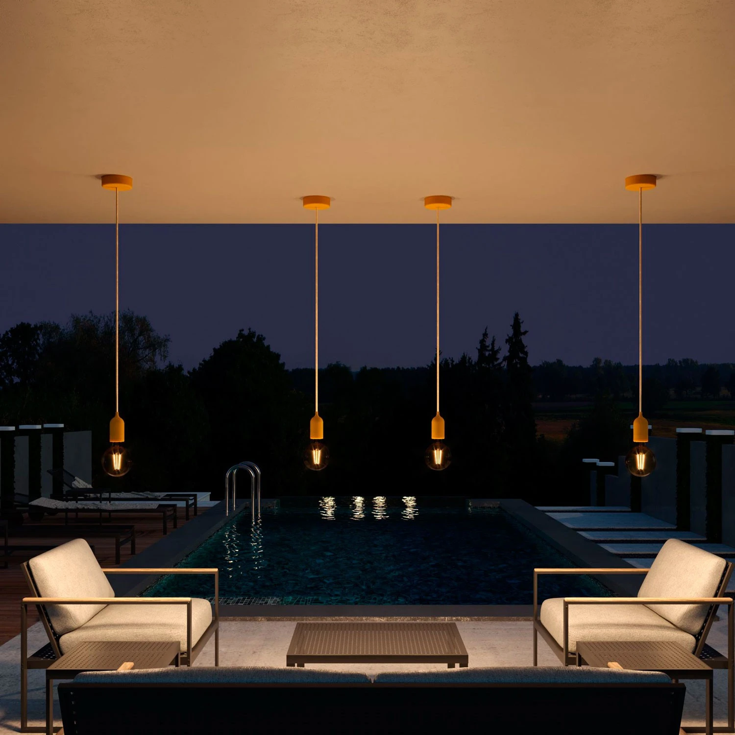 Lampada a sospensione da esterni con 1,5 m cavo tessile, rosone e portalampada in silicone IP65 waterproof - EIVA PASTEL