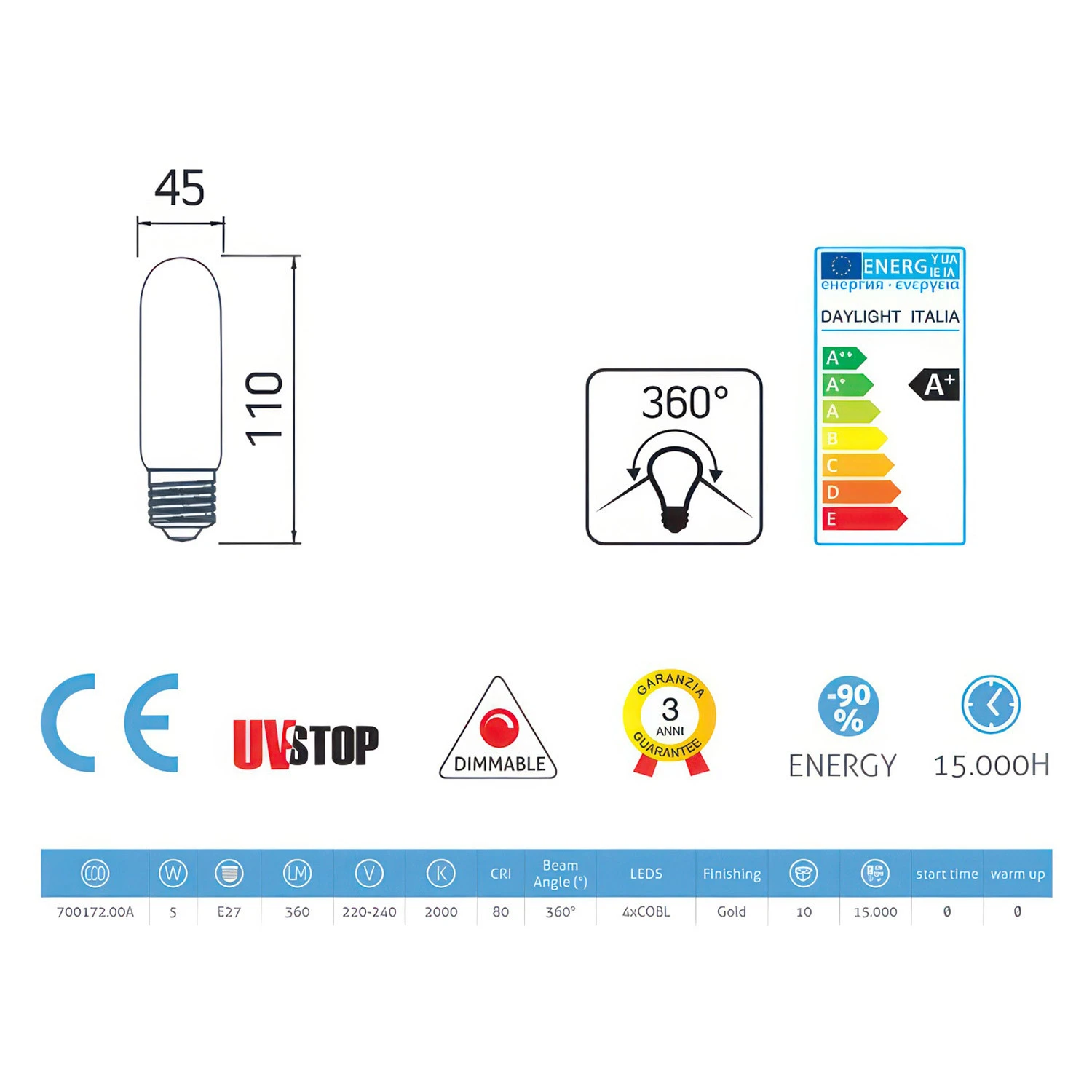 Lampadina LED Dorata Valvola T45 5W 360Lm E27 2000K Dimmerabile