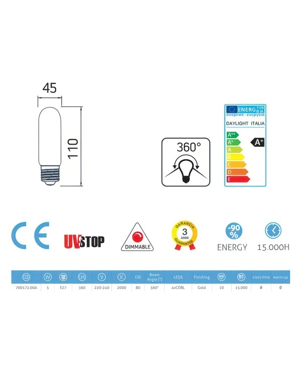 Lampadina LED Dorata Valvola T45 5W 360Lm E27 2000K Dimmerabile