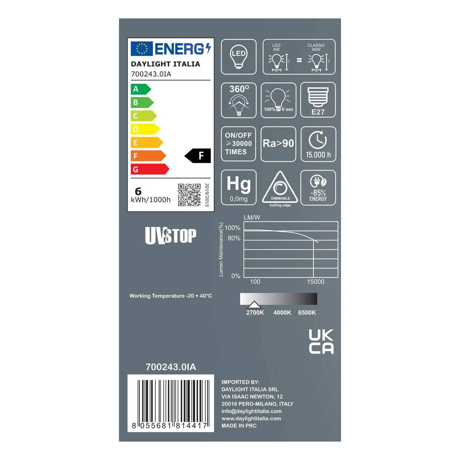 Lampadina LED Porcellana Milo 6W 530Lm E27 2700K Dimmerabile