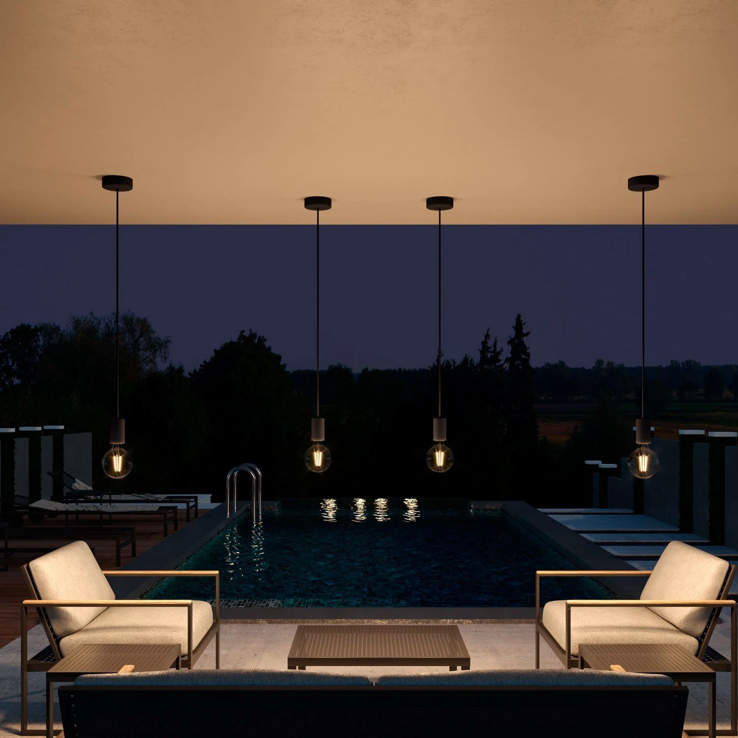 Lampada a sospensione da esterni con 1,5 m cavo tessile, rosone e portalampada in silicone IP65 waterproof - EIVA ELEGANT