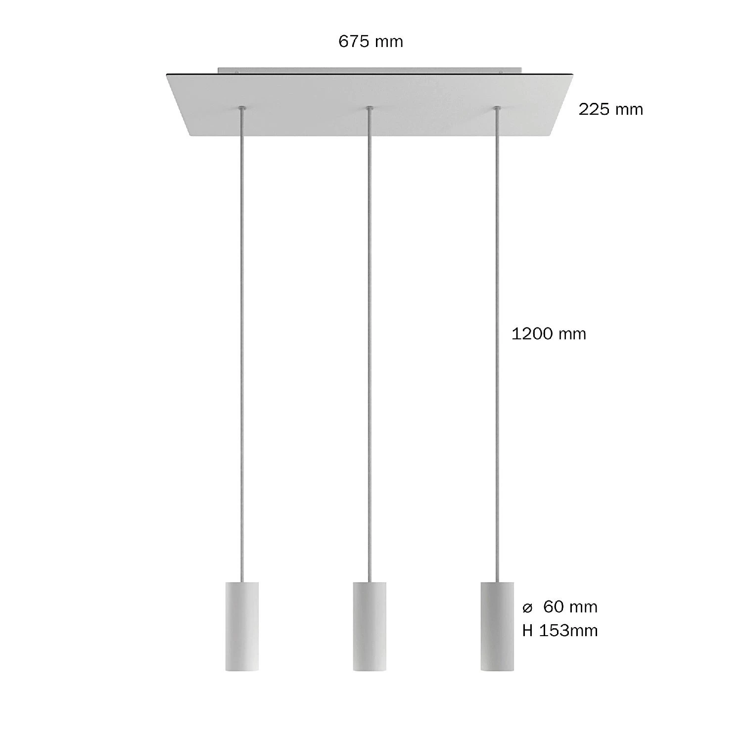 Lampada a sospensione a 3 cadute con XXL Rose-One rettangolare 675 mm completa di cavo tessile e paralume in metallo Tub-E14