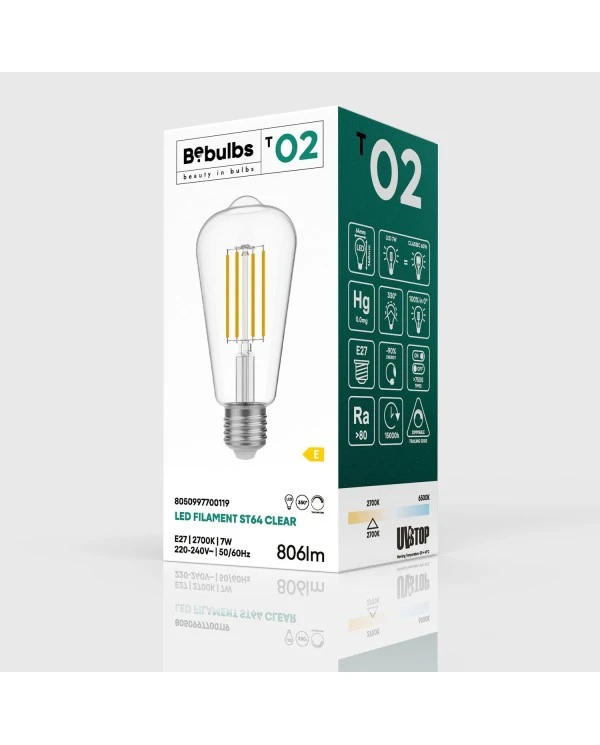 Lampadina LED Trasparente Edison ST64 7W 806Lm E27 2700K Dimmerabile - T02