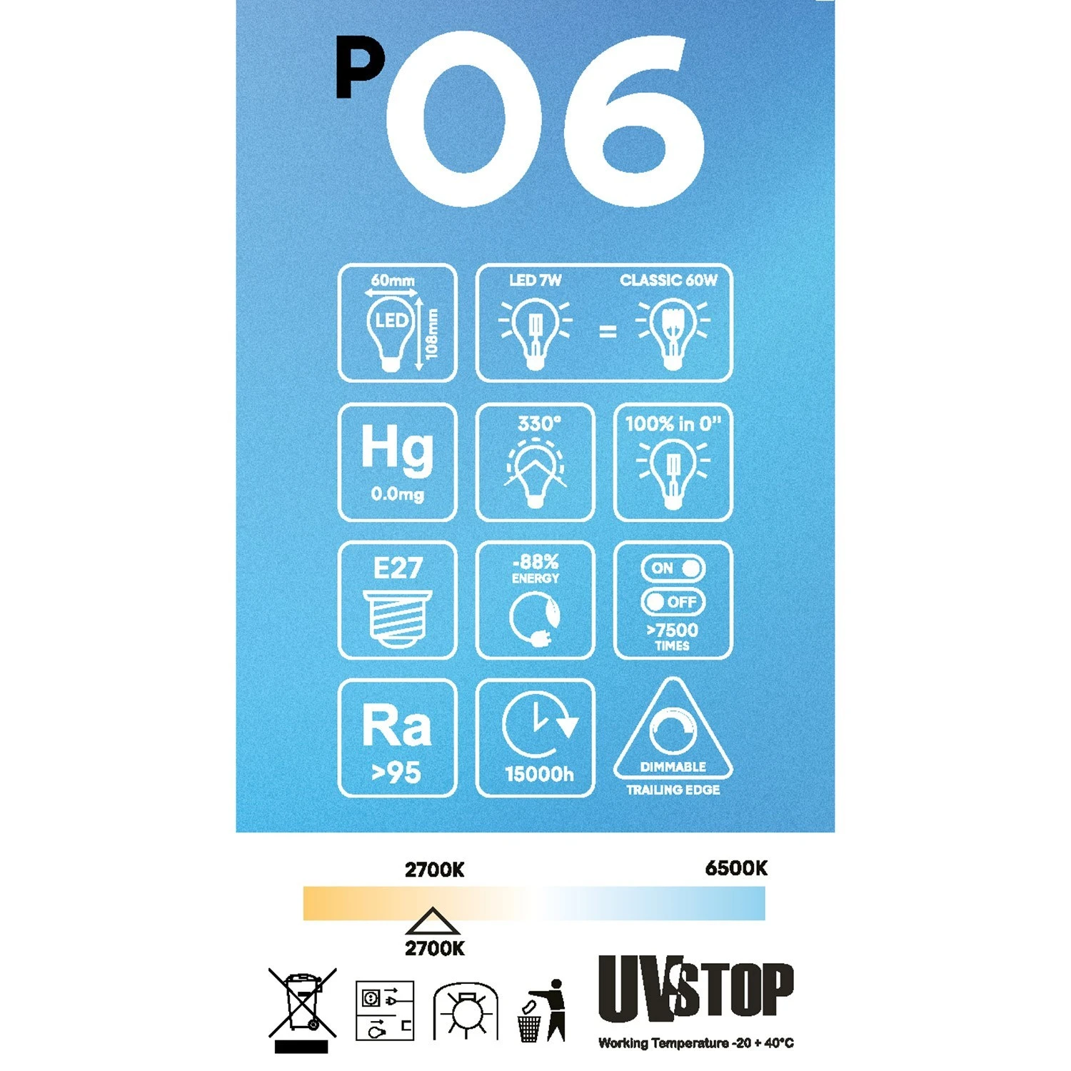 Lampadina LED Effetto Porcellana CRI 95 A60 7W 640Lm E27 2700K Dimmerabile - P06