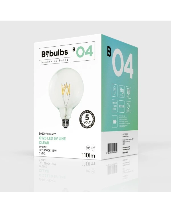 Lampadina LED Trasparente Linea 5V filamento corto Globo G125 1,3W 110Lm E27 2500K Dimmerabile - B04