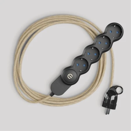 Multipresa tedesca con cavo in juta di colore neutro e spina Schuko con anello comfort - Nero