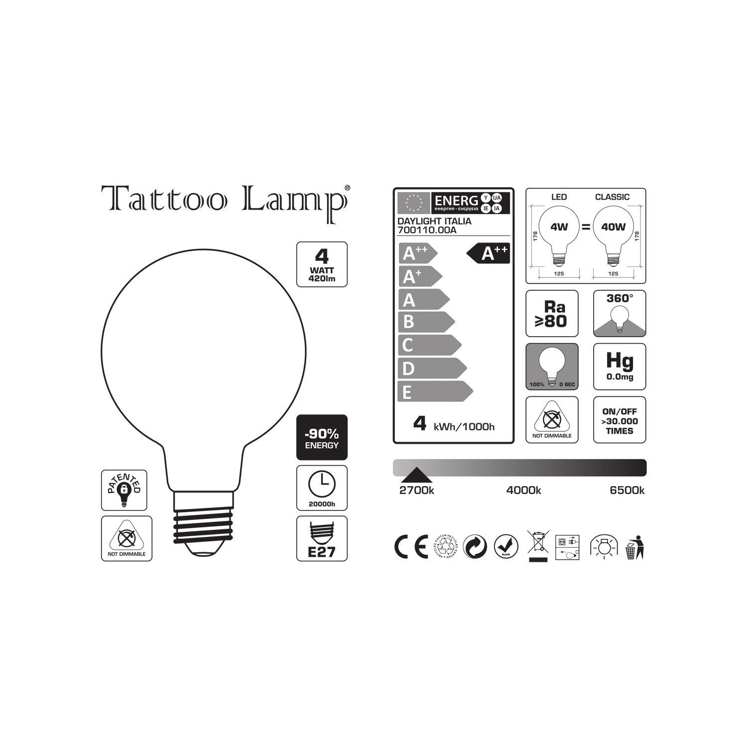 Lampadina LED Globo G125 filamento Corto Linea Tattoo Lamp® Custom Design 4W 420Lm E27 2700K