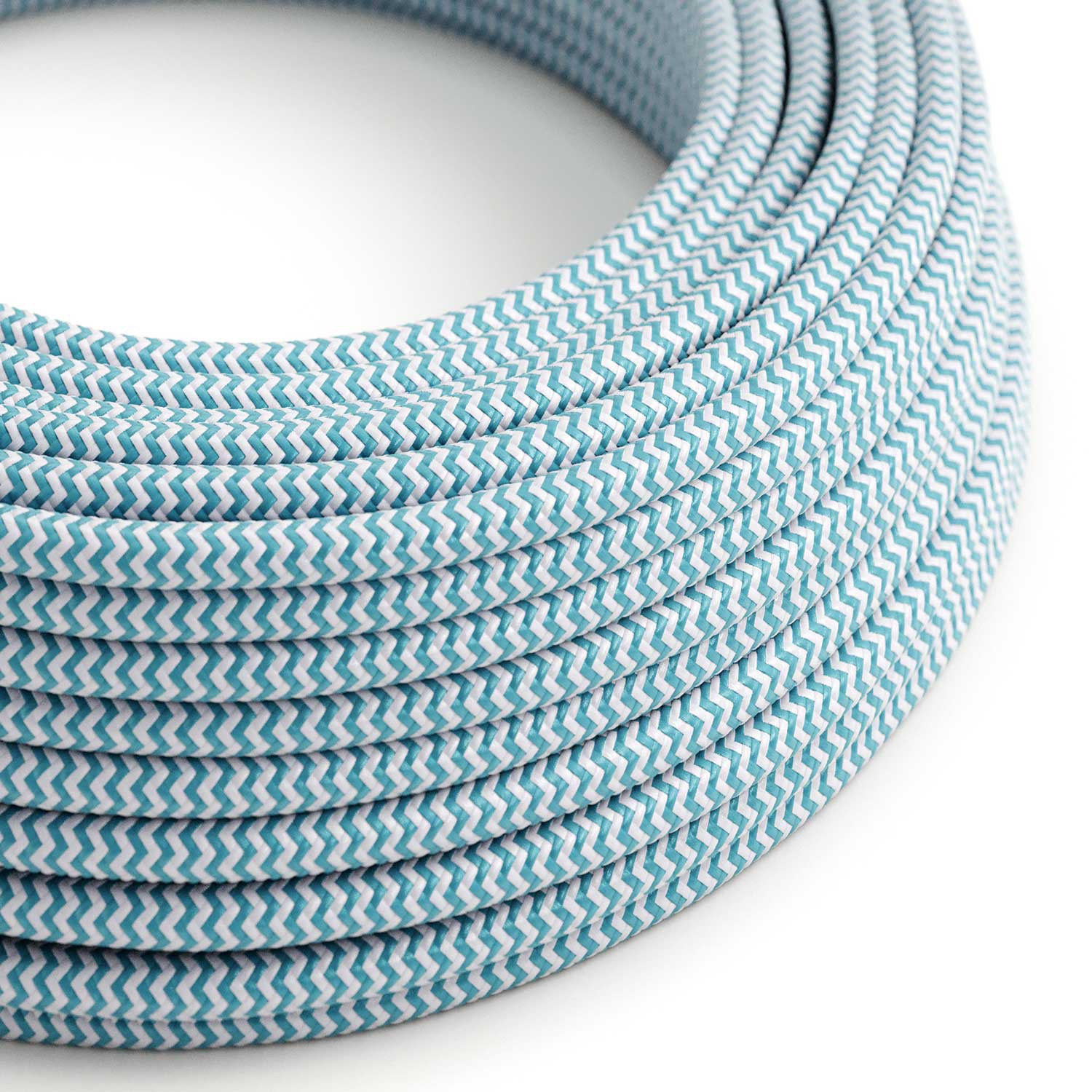 Cavo tessile Blu Ciano e Bianco Ottico ZigZag lucido - L'Originale Creative-Cables - RZ11 rotondo 2x0,75mm / 3x0,75mm