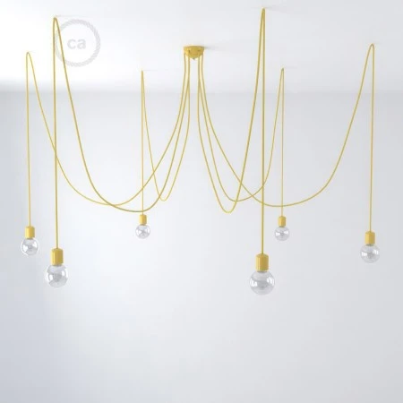 Lampada a sospensione multipla a 6 cadute Made in Italy completa di cavo tessile e finiture in ceramica colorata - Giallo