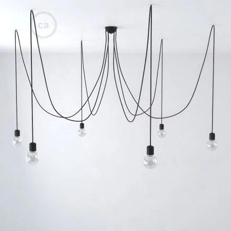 Lampada a sospensione multipla a 6 cadute Made in Italy completa di cavo tessile e finiture in ceramica colorata - Nero