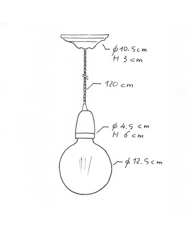 Lampada a sospensione Made in Italy completa di cavo tessile trecciato e finiture in porcellana