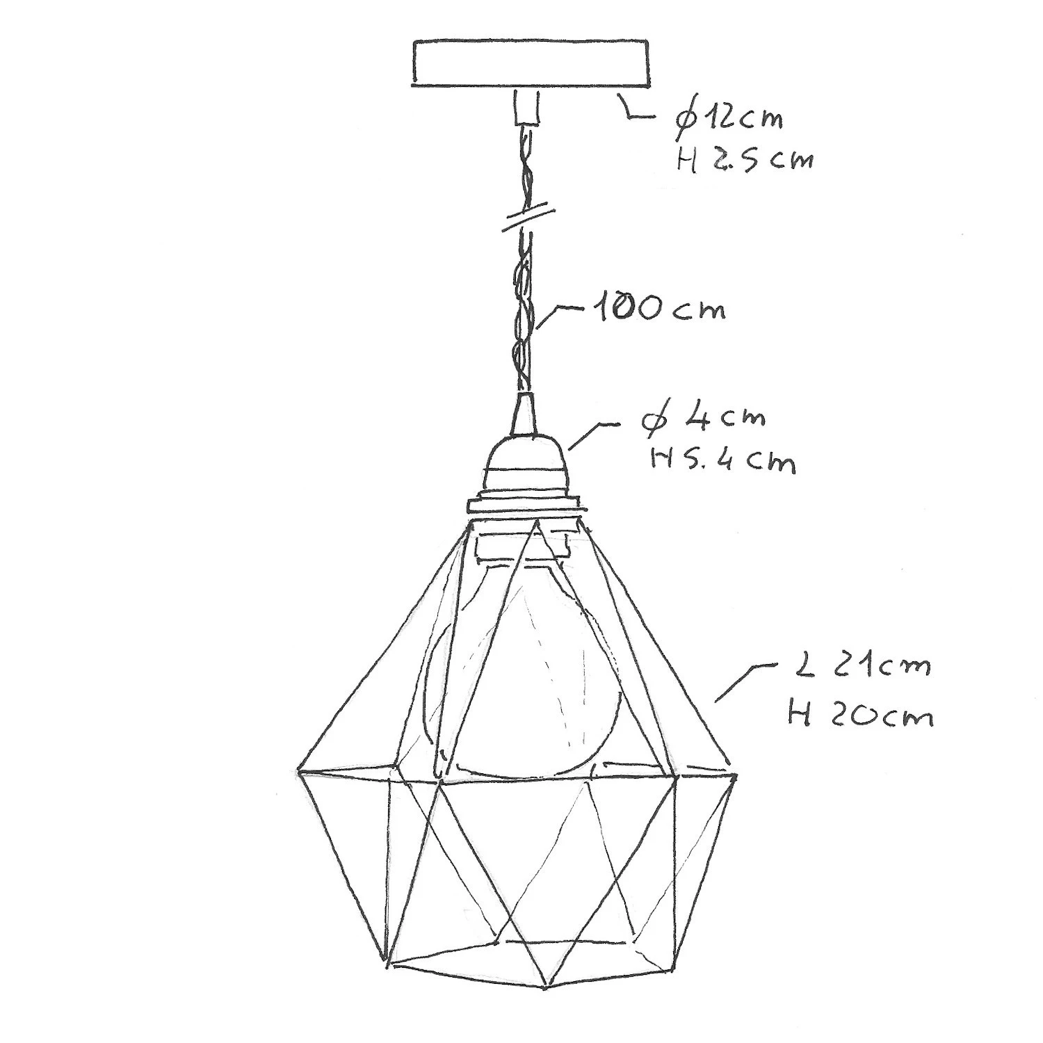 Lampada a sospensione Made in Italy completa di cavo tessile, paralume gabbia Diamond e finiture in metallo