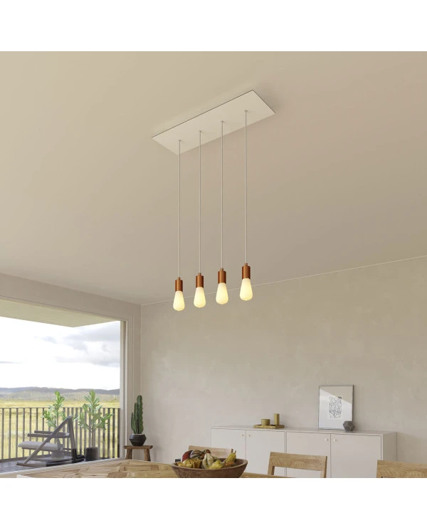 Lampada a sospensione a 4 cadute con XXL Rose-One rettangolare 675 mm completa di cavo tessile e finiture in metallo