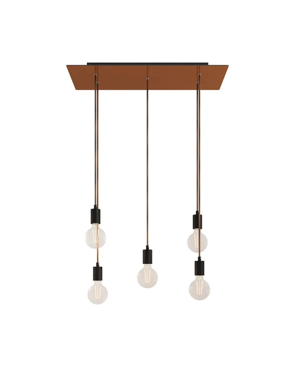 Lampada a sospensione a 5 cadute con XXL Rose-One rettangolare 675 mm  completa di cavo tessile e finiture in metallo