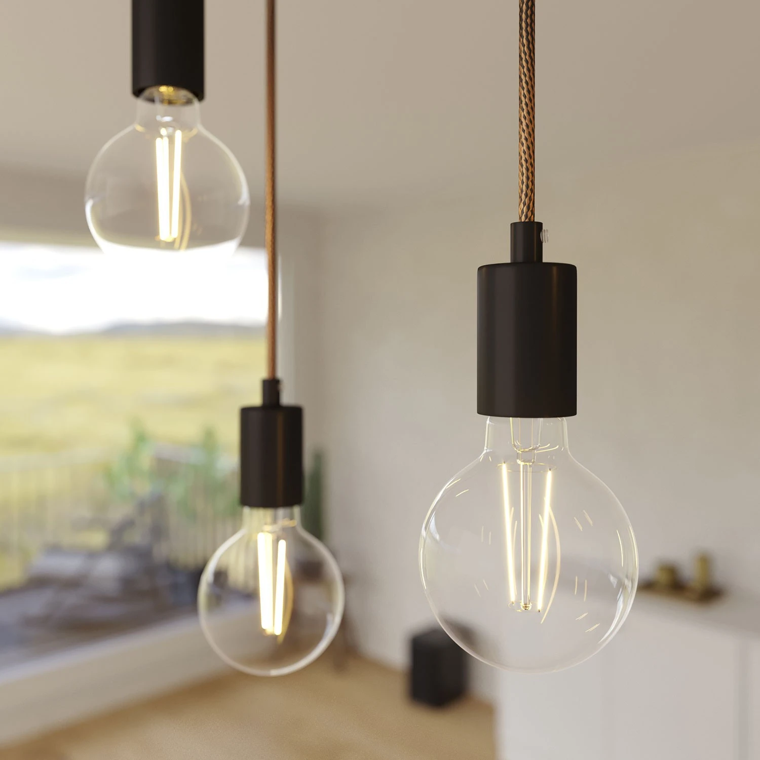 Lampada a sospensione a 5 cadute con XXL Rose-One rettangolare 675 mm  completa di cavo tessile e finiture in metallo