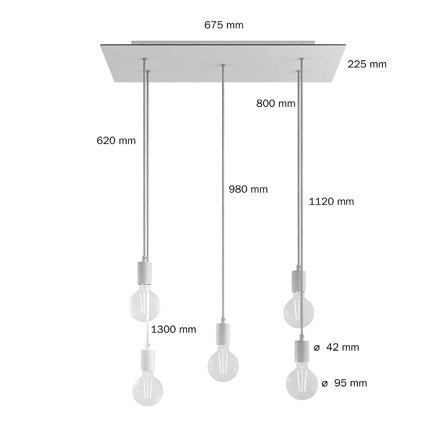 Lampada a sospensione a 5 cadute con XXL Rose-One rettangolare 675 mm  completa di cavo tessile e finiture in metallo