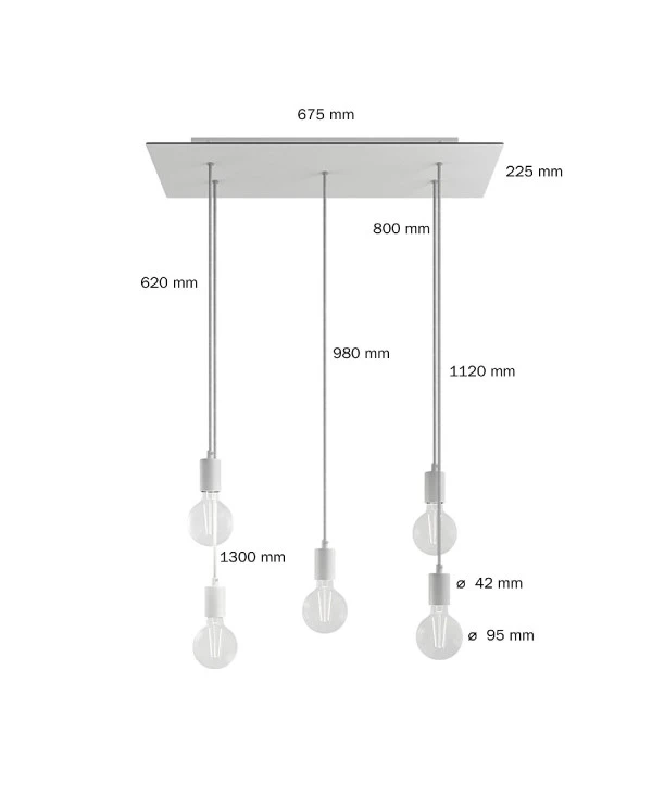 Lampada a sospensione a 5 cadute con XXL Rose-One rettangolare 675 mm  completa di cavo tessile e finiture in metallo