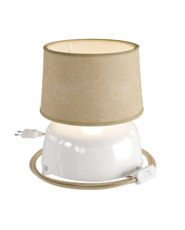 Lampada da tavolo in ceramica Coppa con paralume Athena, completa di cavo tessile, interruttore e spina a 2 poli