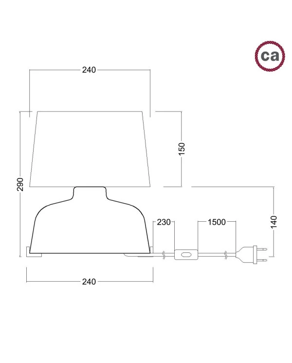 Lampada da tavolo in ceramica Coppa con paralume Athena, completa di cavo tessile, interruttore e spina a 2 poli