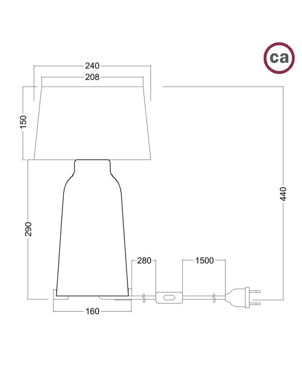 Lampada da tavolo in ceramica Bottiglia con paralume Athena, completa di cavo tessile, interruttore e spina a 2 poli