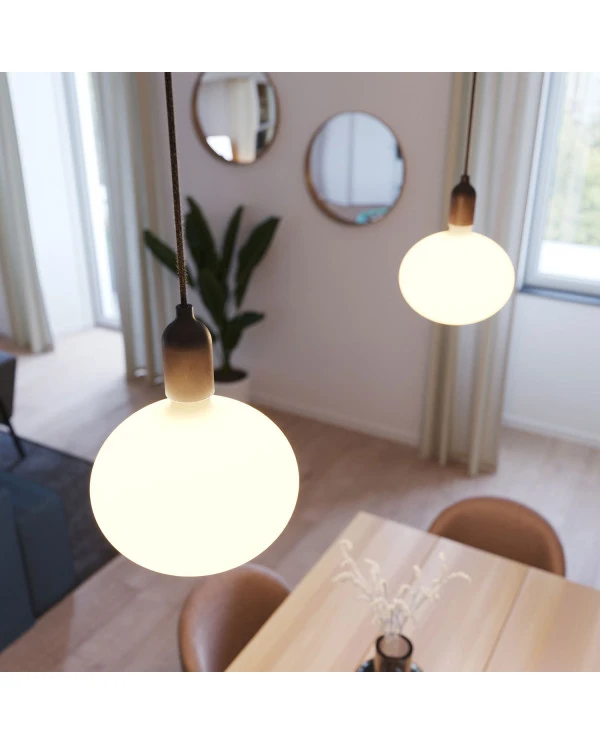 Lampada a sospensione Made in Italy completa di cavo tessile e finiture in legno