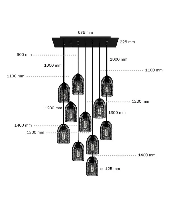 Lampada a sospensione a 11 cadute con XXL Rose-One rettangolare 675 mm completa di cavo tessile e paralume in metallo Ghostbell