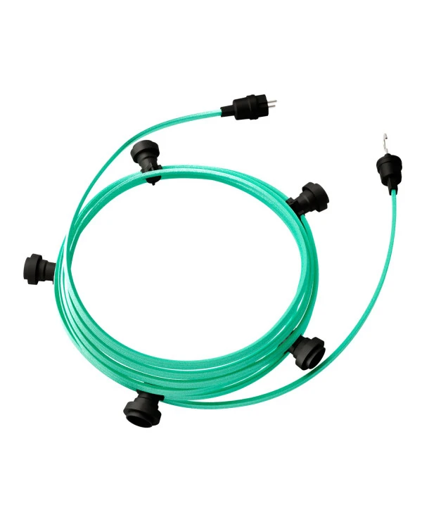 Catenaria Sistema Lumet pronta all'uso da 7,5 m con cavo tessile, 5 portalampada, gancio e spina neri