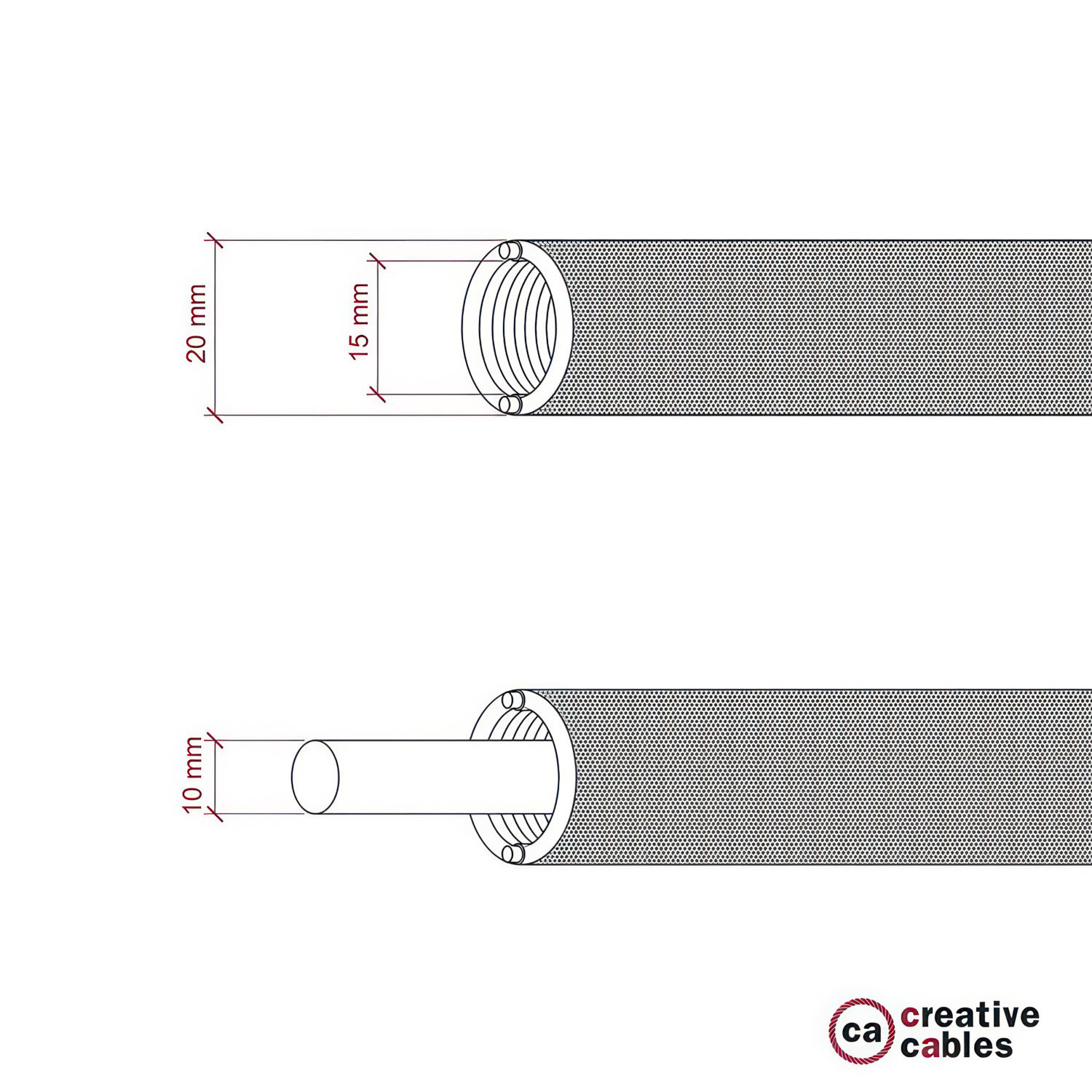 Creative-Tube, diametro 20 mm, rivestito in tessuto effetto Seta RM09 Rosso, canalina passacavi modellabile