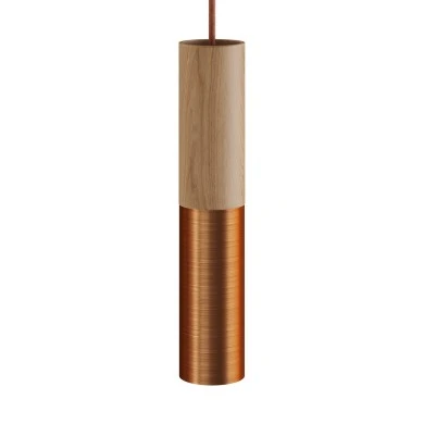 Lampada a sospensione Made in Italy completa di cavo tessile e doppio paralume Tub-E14 in legno e metallo