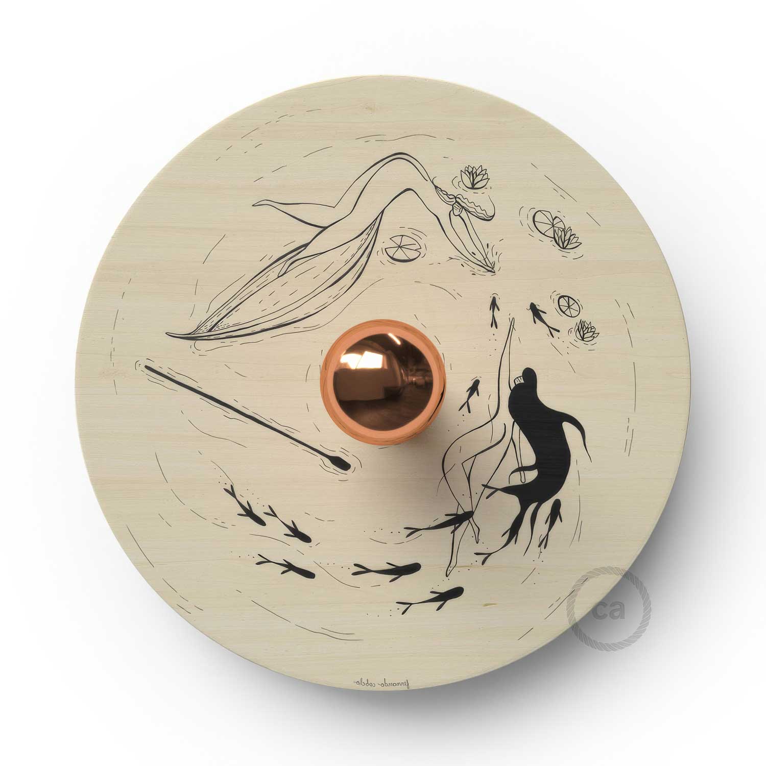 Fermaluce Romantic con paralume UFO in legno double-face illustrato da Fernando Cobelo