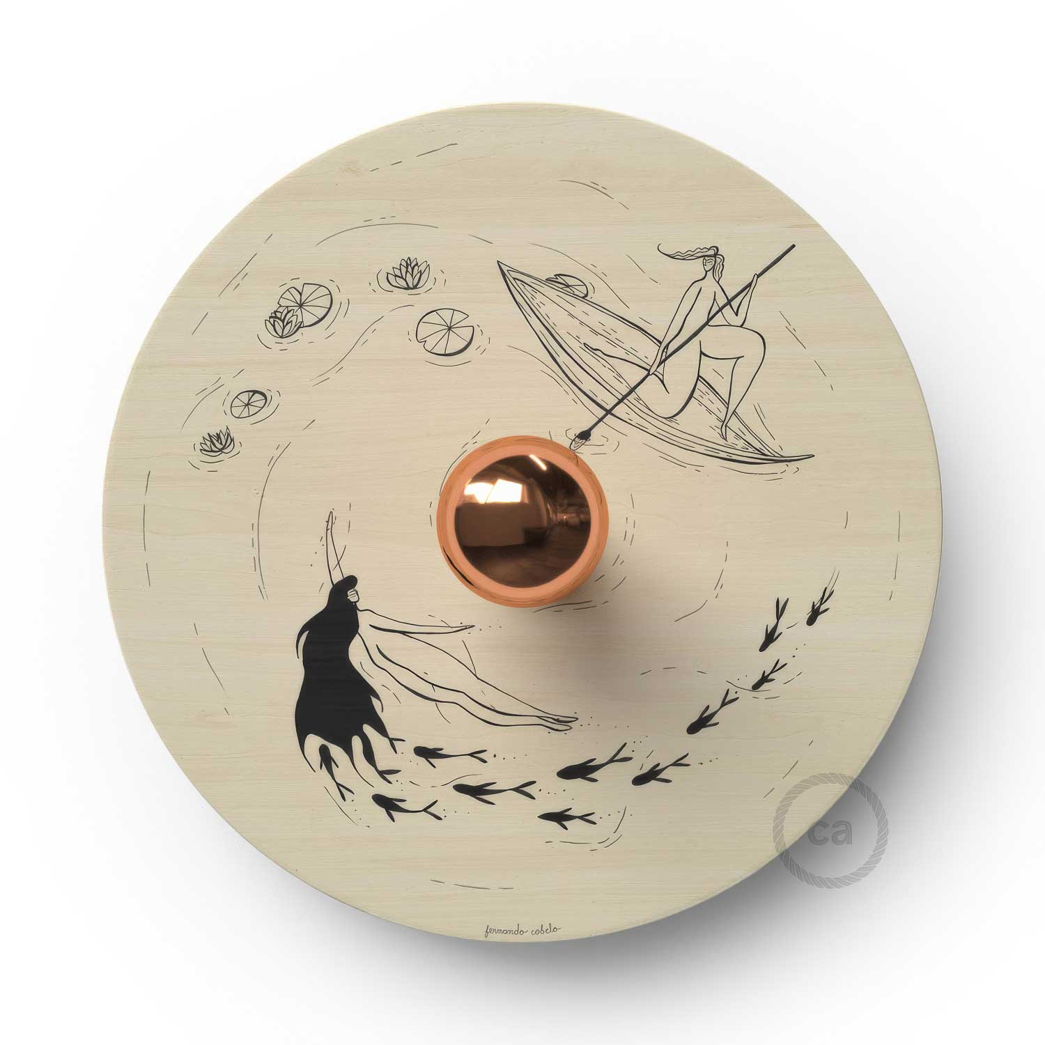Fermaluce Romantic con paralume UFO in legno double-face illustrato da Fernando Cobelo