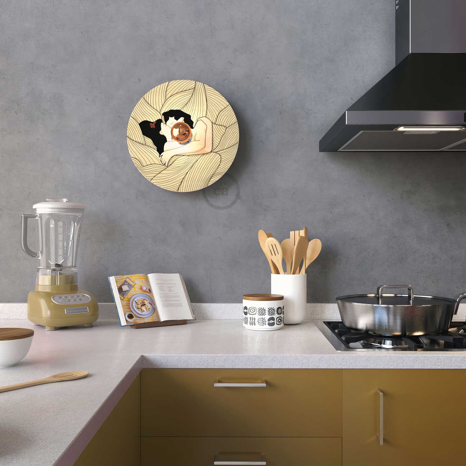 Fermaluce Romantic con paralume UFO in legno double-face illustrato da Carolina Zuniga