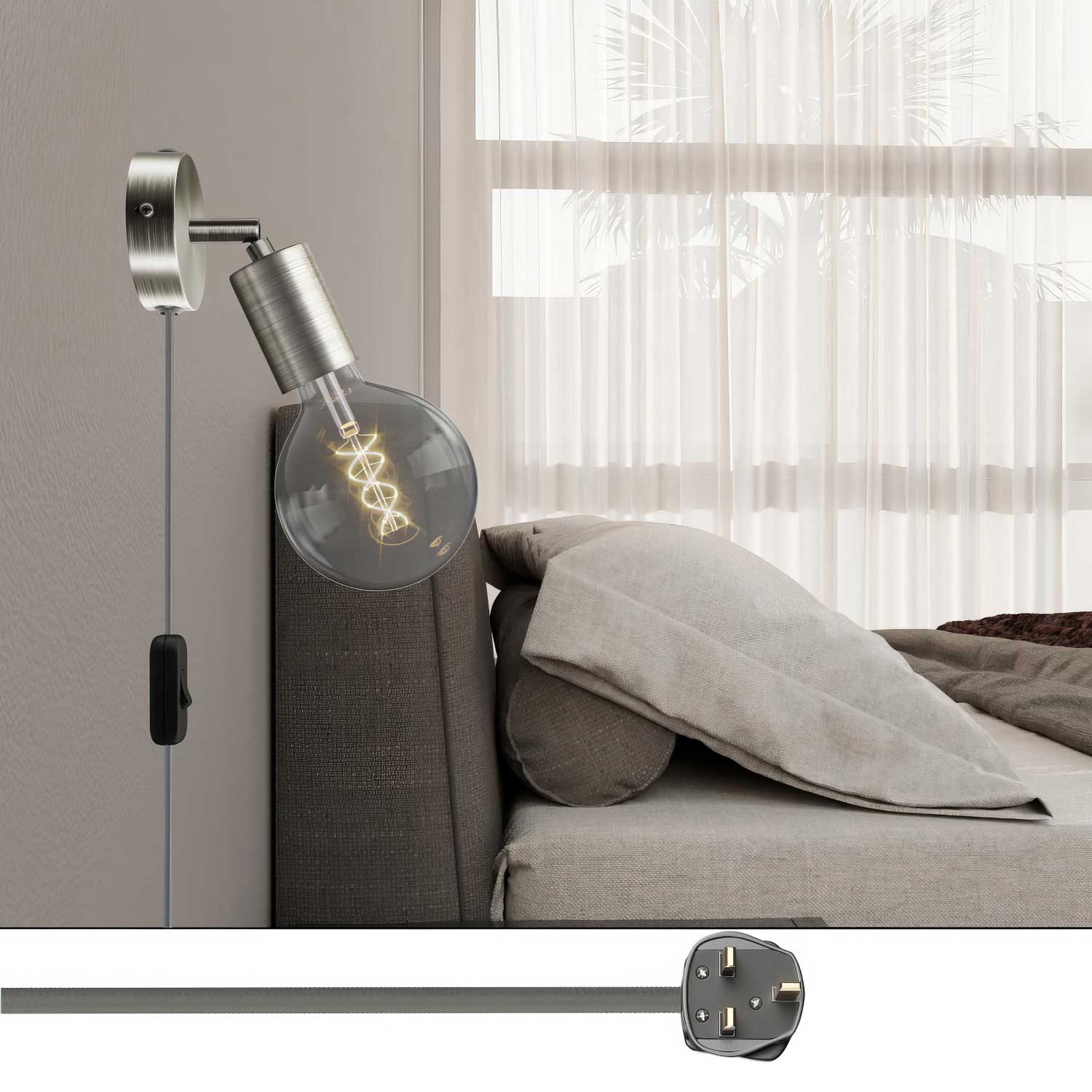 Lampada Spostaluce Snodo orientabile in metallo e spina UK - Titanio satinato