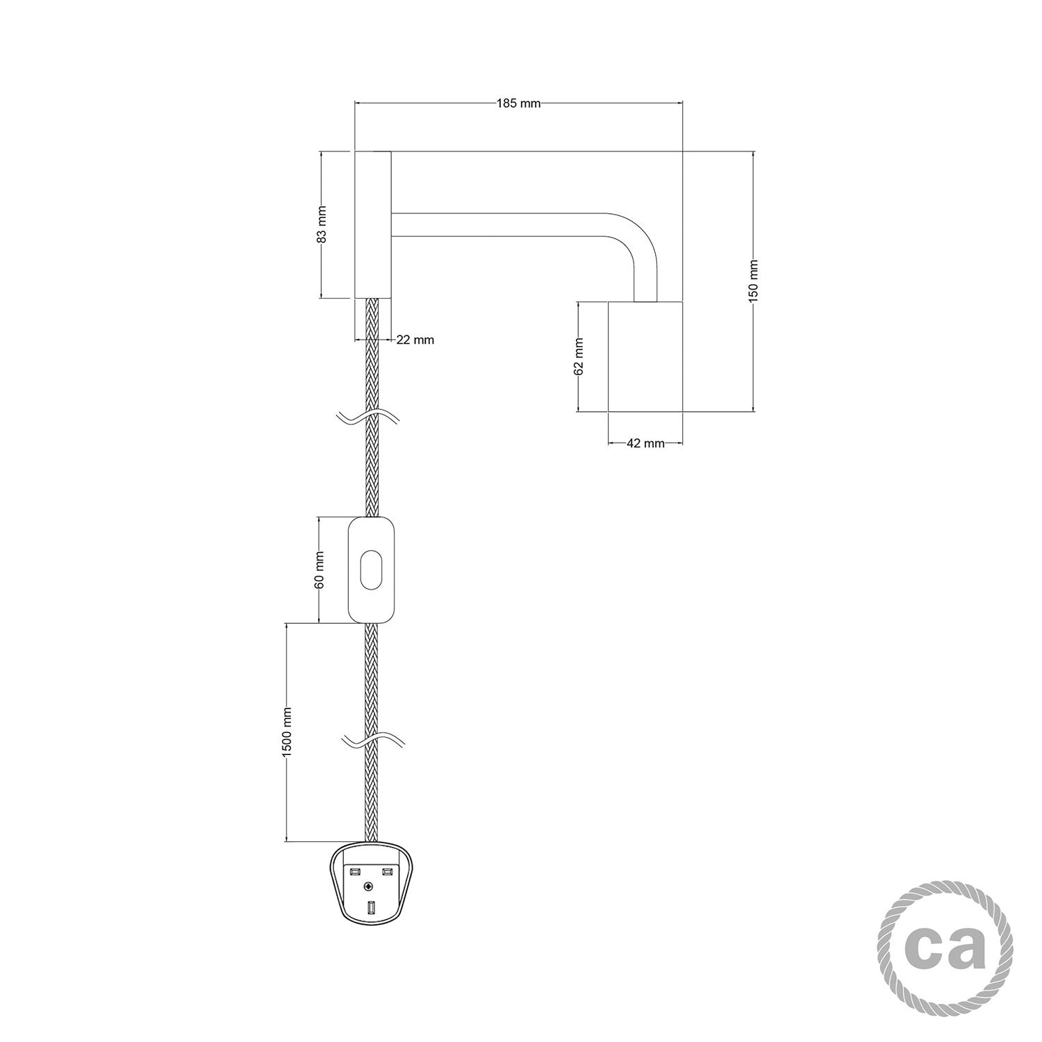 Lampada Spostaluce in metallo con estensione curva e spina UK - Nero