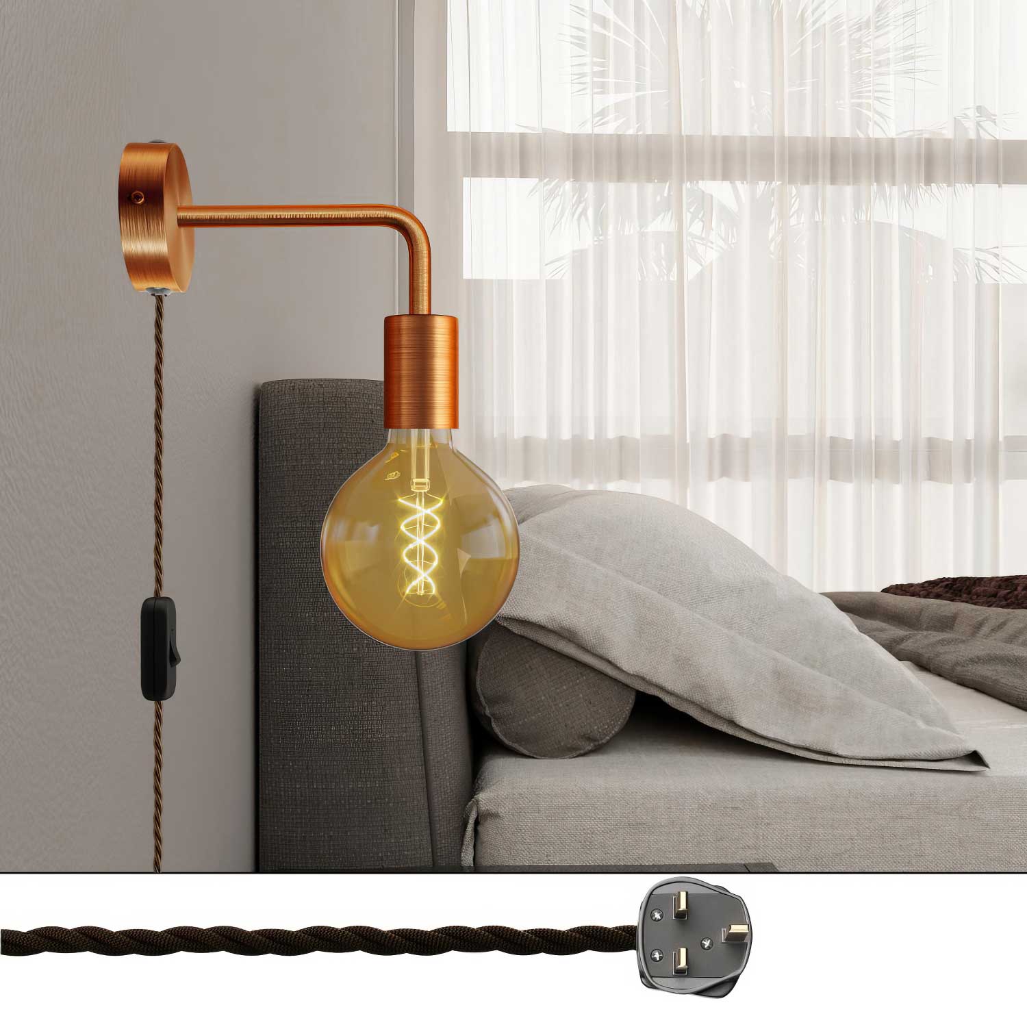 Lampada Spostaluce in metallo con estensione curva e spina UK - Rame satinato